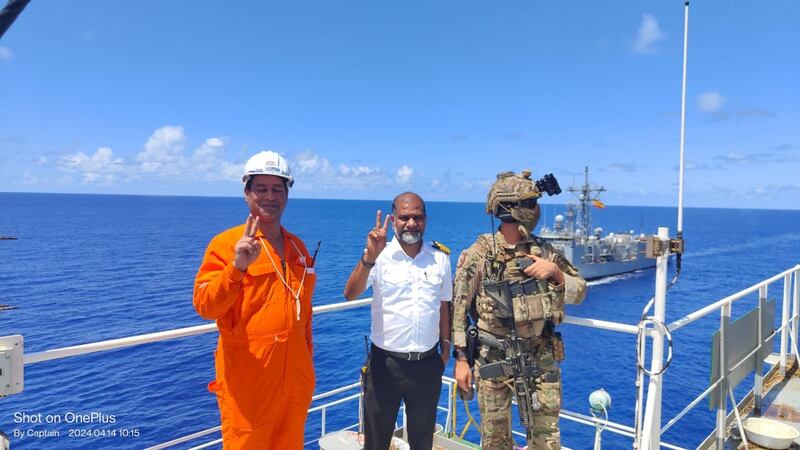 Naval ships escort cargo ship MV Abdullah out of the high risk zone after the vessel with 23  crew was released by Somali pirates. Photo: SR Shipping