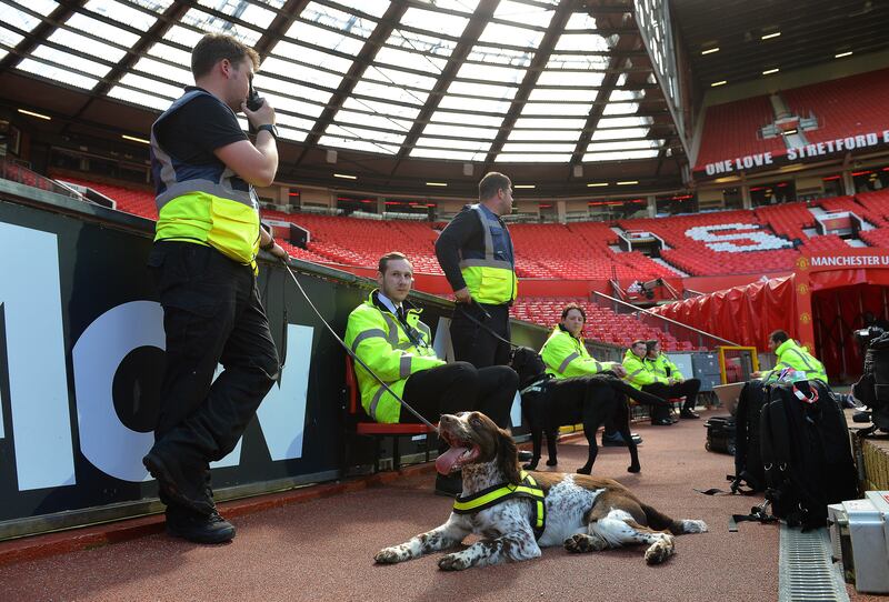 Sniffer dogs search the West Stand after match between Manchester United and Bournemouth was been called off on police advice because of a suspect package at Old Trafford. EPA