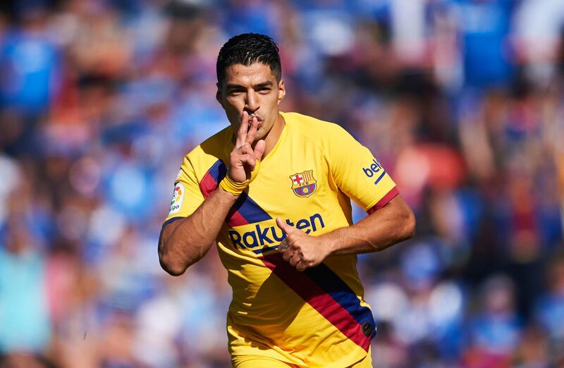 GETAFE, SPAIN - SEPTEMBER 28: Luis Suarez of FC Barcelona celebrates after scoring the first goal of his team during the Liga match between Getafe CF and FC Barcelona at Coliseum Alfonso Perez on September 28, 2019 in Getafe, Spain. (Photo by Aitor Alcalde/Getty Images)