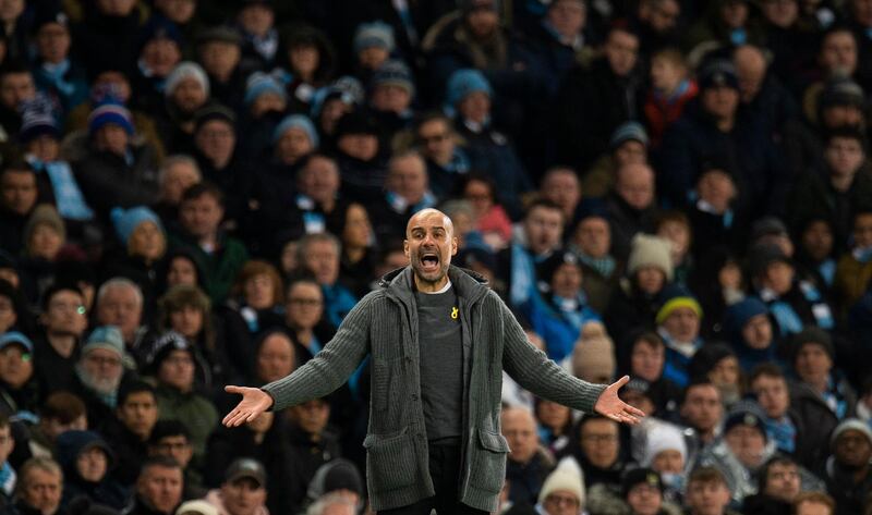 epa07341200 Manchester City manager Pep Guardiola reacts during the English Premier League soccer match between Manchester City and Arsenal FC held at the Etihad Stadium in Manchester, Britain, 03 February 2019.  EPA/PETER POWELL EDITORIAL USE ONLY. No use with unauthorized audio, video, data, fixture lists, club/league logos or 'live' services. Online in-match use limited to 120 images, no video emulation. No use in betting, games or single club/league/player publications.