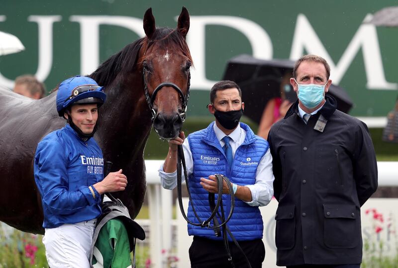 Jockey William Buick celebrates after winning the Juddmonte International Stakes (British Champions Series) on Ghaiyyath during day one of the Yorkshire Ebor Festival at York Racecourse on August 19, 2020 in York, England. Getty Images