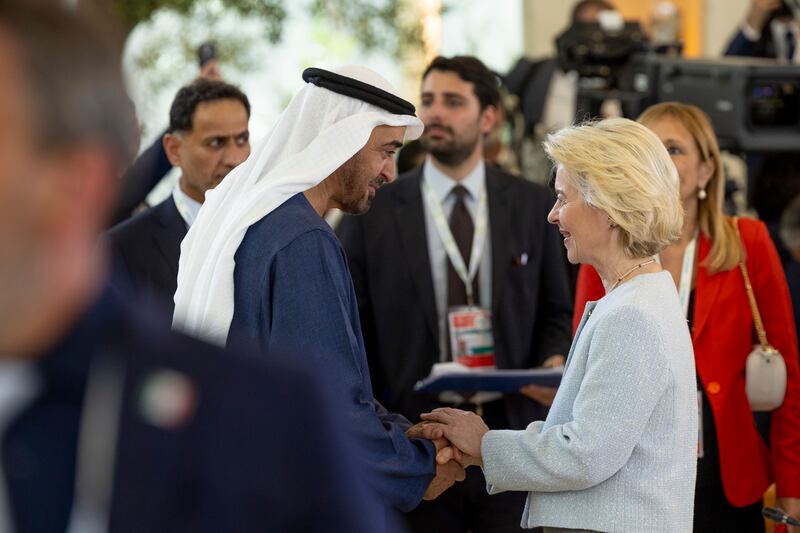 Sheikh Mohamed greets Ursula von der Leyen, President of the European Commission. Photo: Ryan Carter / UAE Presidential Court