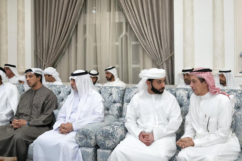 ABU DHABI, UNITED ARAB EMIRATES - November 20, 2019: HE Turki bin Abdullah Al Dakheel, Ambassador of Saudi Arabia to the UAE (R) offers condolences to HH Dr Sheikh Hazza bin Sultan bin Zayed Al Nahyan (2nd R), on the passing of the late HH Sheikh Sultan bin Zayed Al Nahyan, at Al Mushrif Palace. Seen with HH Sheikh Nahyan bin Mubarak Al Nahyan, UAE Minister of State for Tolerance (3rd R) and HH Sheikh Mansour bin Zayed Al Nahyan, UAE Deputy Prime Minister and Minister of Presidential Affairs (L).

( Mohamed Al Hammadi / Ministry of Presidential Affairs )
---