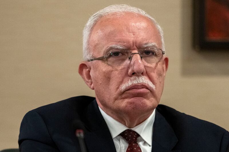 Palestinian Minister of Foreign Affairs Riyad Al Maliki attends a news conference about the Israel-Hamas war, on Friday in Washington. AP