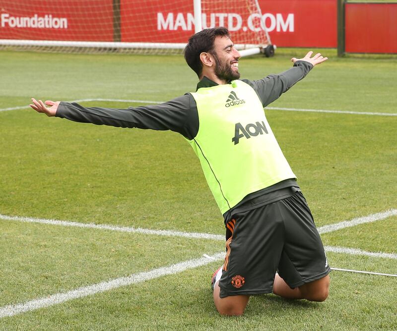 MANCHESTER, ENGLAND - JULY 24: (EXCLUSIVE COVERAGE) Bruno Fernandes of Manchester United in action during a first team training session at Aon Training Complex on July 24, 2020 in Manchester, England. (Photo by Matthew Peters/Manchester United via Getty Images)