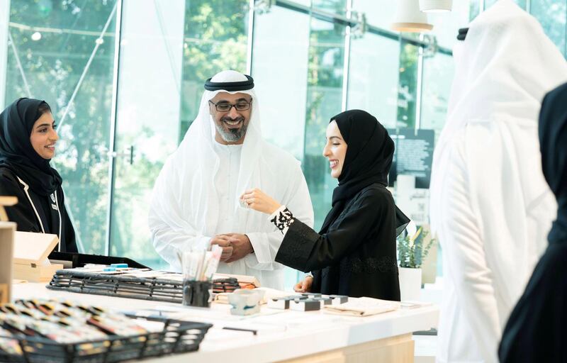 Sheikh Khalid bin Mohamed, Member of the Abu Dhabi Executive Council and Chairman of the Abu Dhabi Executive Office, visits the Abu Dhabi Youth Centre on Wednesday. He is accompanied by Shamma Al Mazrui, Minister of State for Youth Affairs. Wam