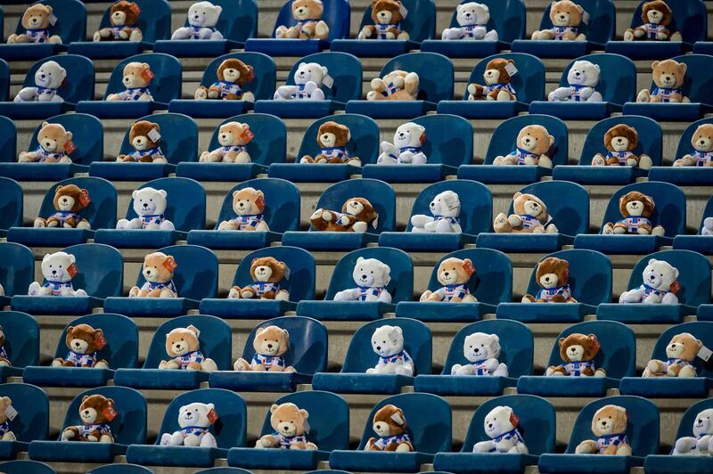 Teddy bears take the seats at Abe Lenstra Stadium before the start of the Dutch Eredivisie match between SC Heerenveen and FC Emmen in the Abe Lenstra Stadium in Heerenveen, the Netherlands. EPA