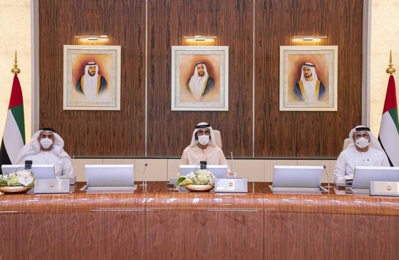 Sheikh Mohammed bin Rashid, Vice President, Prime Minister and Ruler of Dubai, chairs the Council of Ministers at Al-Watan Palace. Courtesy Sheikh Mohammed bin Rashid's Twitter