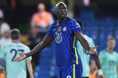 Romelu Lukaku of Chelsea gestures during the English Premier League soccer match between Chelsea FC and Leicester City in London, Britain, 19 May 2022.   EPA/NEIL HALL EDITORIAL USE ONLY.  No use with unauthorized audio, video, data, fixture lists, club/league logos or 'live' services.  Online in-match use limited to 120 images, no video emulation.  No use in betting, games or single club / league / player publications