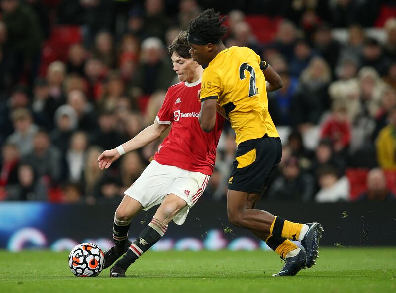 Manchester United's Alejandro Garnacho scores their side's second goal of the game during the FA Youth Cup semi final match at Old Trafford, Manchester. Picture date: Wednesday March 9, 2022.