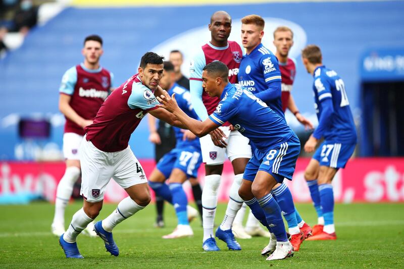 Fabian Balbuena of West Ham is marked by Youri Tielemans of Leicester City. Getty