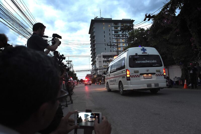 An ambulance transporting alleged members of the children's football team approaches the hospital. AFP