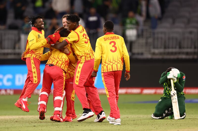 Zimbabwe celebrate defeating Pakistan by one run at the T20 World Cup in Perth on Thursday, October 27, 2022. Getty