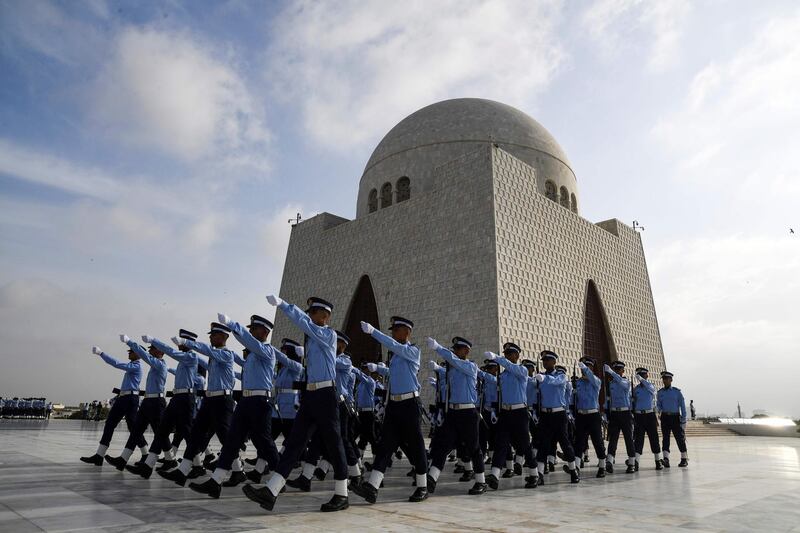 Air Force cadets march outside the mausoleum of Pakistan's founder Mohammad Ali Jinnah in Karachi to mark Defence Day,  the anniversary of the country's second war with India between August and September 1965 with both sides claiming victory after it ended in a stalemate, AFP