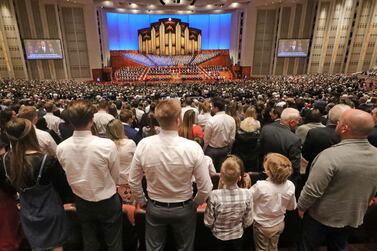 Thousands gather for the twice-yearly conference of The Church of Jesus Christ of Latter-day Saints in Salt Lake City, Utah, in 2019. The church will open its first temple in the Middle East in Dubai. Rick Bowmer / AP 