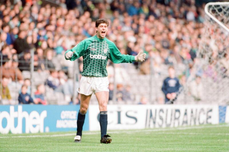 Manchester City 2-1 Derby County, league match at Maine Road, Saturday 20th April 1991. Niall Quinn, Man City Striker takes over in goal. Quinn, scored early on and saved a penalty as City beat Derby County 2?1, relegating Derby in the process. City goalkeeper Tony Coton was sent off before half time for fouling Dean Saunders to concede the penalty. (Photo by Gerry Crowther/Mirrorpix/Getty Images)