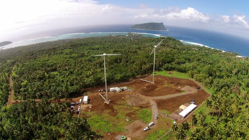 Masdar's 550kW cyclone-proof wind farm in Samoa. Samoa’s first wind power project was designed as a cyclone-proof facility with two 55 metre-tall turbines that pivot at the base, enabling them to be lowered and locked in place in less than one hour. Courtesy Masdar