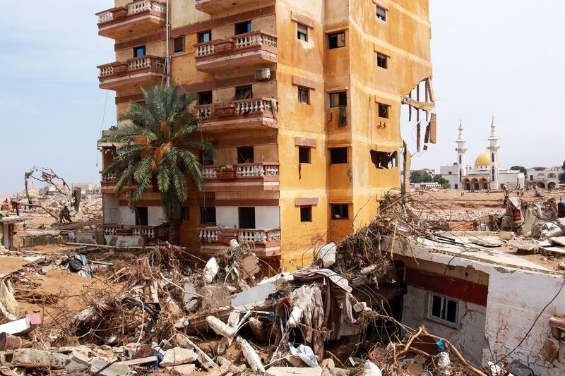 An apartment block after floodwaters washed away surrounding homes in Derna, eastern Libya. AFP