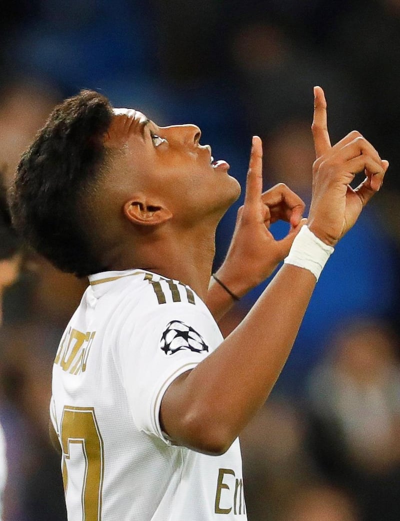 Rodrygo, the 18-year-old 'new Neymar', celebrates after putting Real 6-0 ahead against Galatasaray in front of an incredulous crowd at the Santiago Bernabeu.  EPA