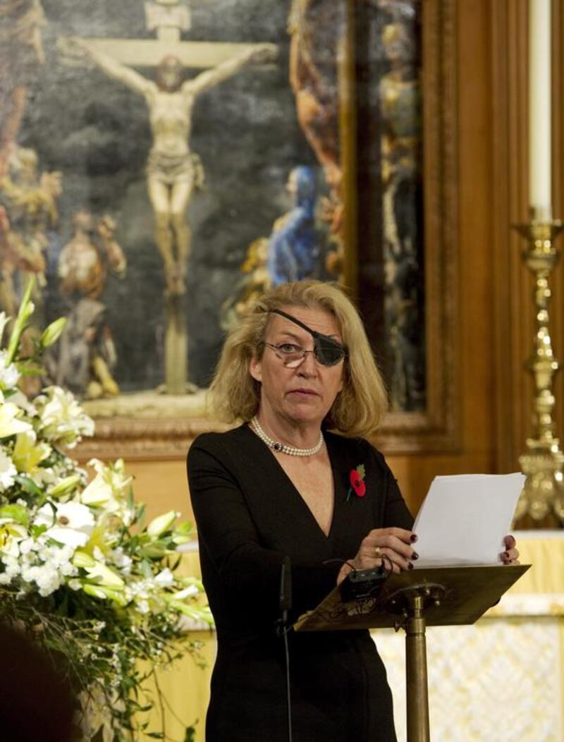 Marie Colvin of The Sunday Times in November 10, 2010 in London, England, addressing a service commemorating journalists, cameramen and support staff who have fallen in the war zones and conflicts of the past decade. Colvin's family has filed a lawsuit in the US accusing the Syrian regime of targeting and killing her and the reporters she was working with in the city of Homs in February 2012. Arthur Edwards - WPA Pool/Getty Images