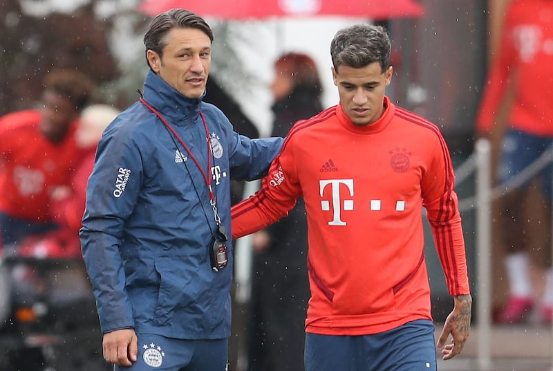 Bayern Munich head coach Niko Kovac and Coutinho are seen prior to a training session. Getty Images