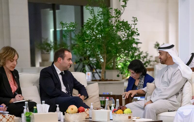 President Sheikh Mohamed meets Sebastien Lecornu, France's Defence Minister, at Al Shati Palace in Abu Dhabi. Photo: UAE Presidential Court