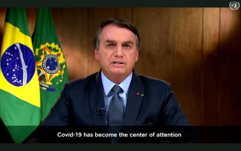 Brazilian President Jair Bolsonaro speaks in a pre-recorded message. UNTV via AP