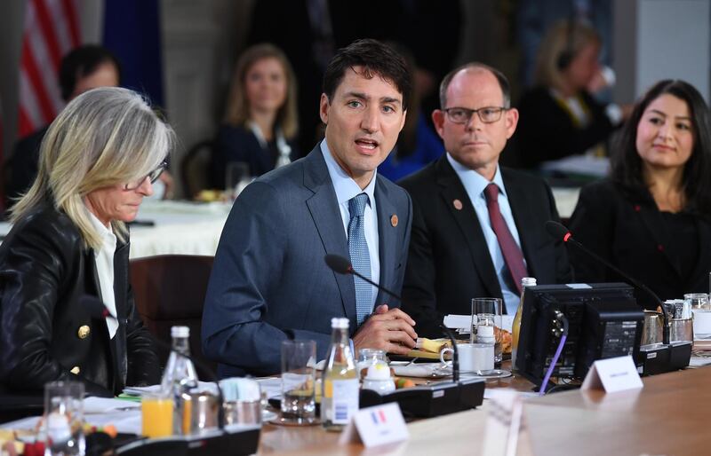 Canadian Prime Minster Justin Trudeau speaks at the G7 Gender Equality Advisory Council Breakfast. Neil Hall / EPA