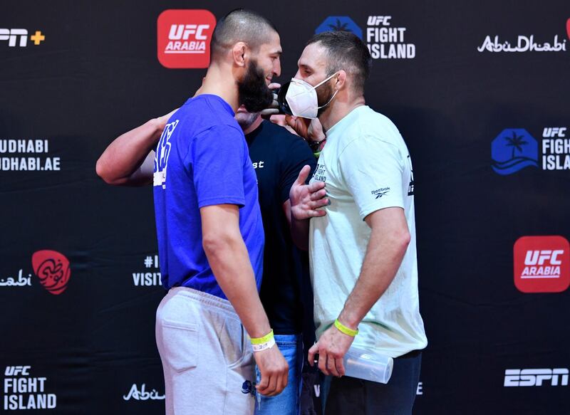 ABU DHABI, UNITED ARAB EMIRATES - JULY 14: (L-R) Opponents Khamzat Chimaev of Czechia and John Phillips of Wales face off during the UFC Fight Night weigh-in inside Flash Forum on UFC Fight Island on July 14, 2020 in Yas Island, Abu Dhabi, United Arab Emirates. (Photo by Jeff Bottari/Zuffa LLC via Getty Images)