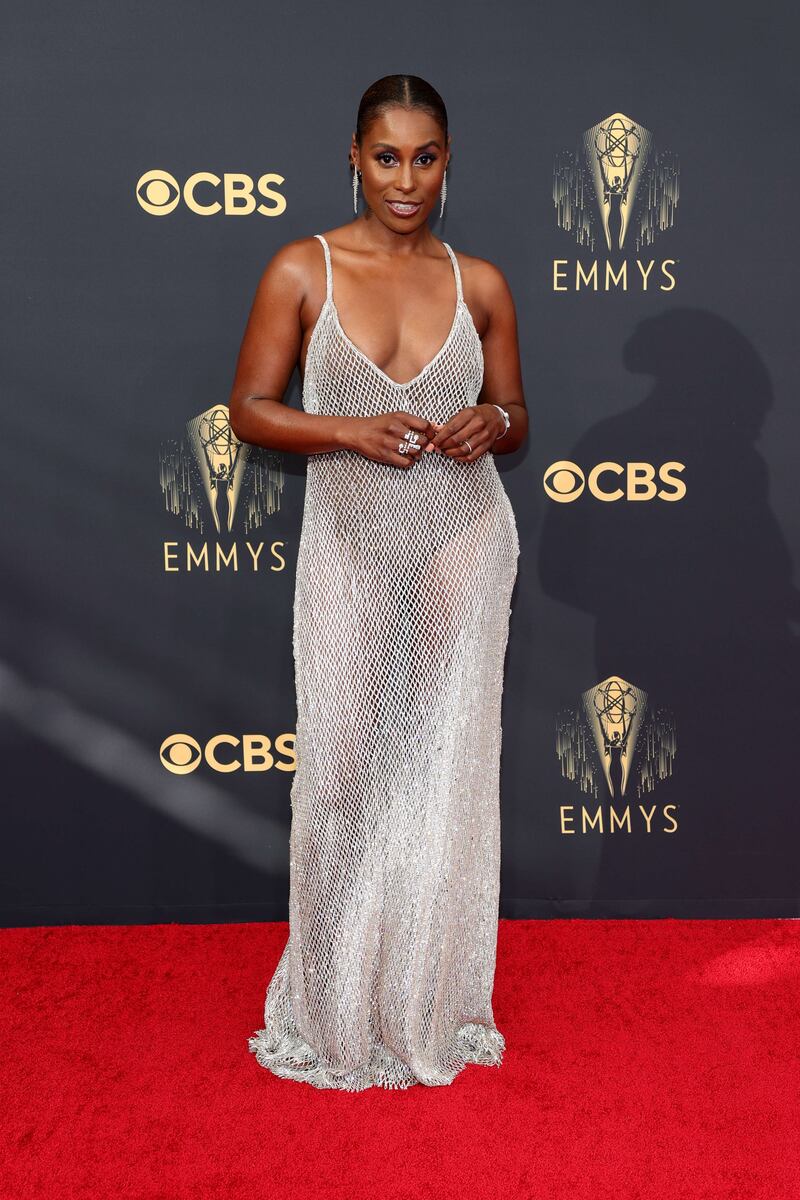 Issa Rae in a custom mesh look in white from Aliette. AFP