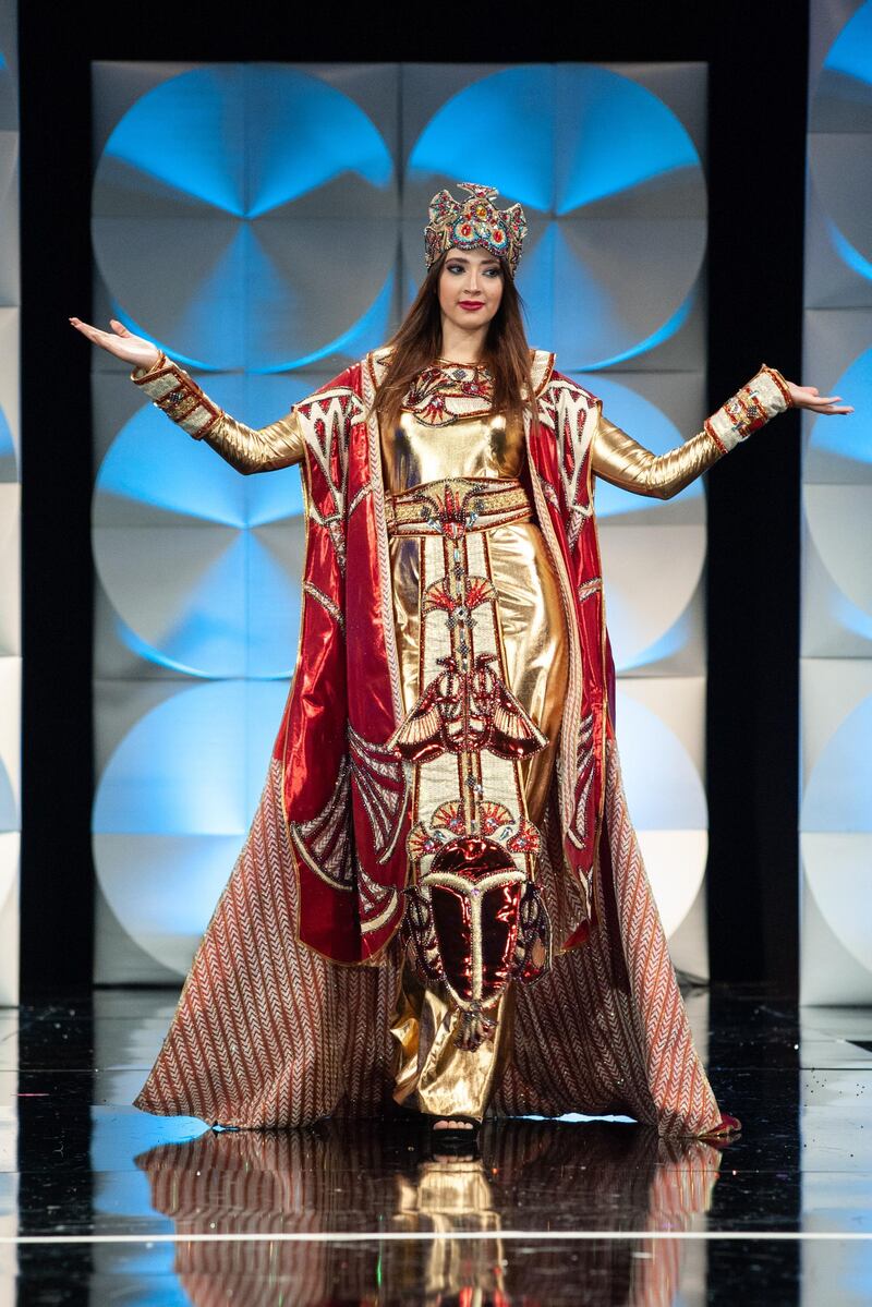 Diana Hamed, Miss Egypt 2019 on stage during the National Costume Show at the Marriott Marquis in Atlanta on Friday, December 6, 2019. The National Costume Show is an international tradition where contestants display an authentic costume of choice that best represents the culture of their home country. The Miss Universe contestants are touring, filming, rehearsing and preparing to compete for the Miss Universe crown in Atlanta. Tune in to the FOX telecast at 7:00 PM ET on Sunday, December 8, 2019 live from Tyler Perry Studios in Atlanta to see who will become the next Miss Universe. HO/The Miss Universe Organization