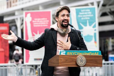 Actor Lin-Manuel Miranda speaks at the opening of the Broadway vaccination site in New York City. Reuters