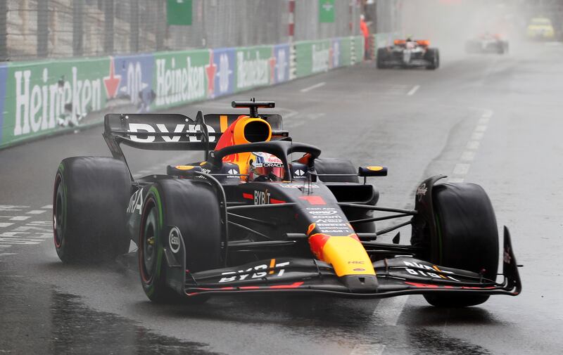 Red Bull driver Max Verstappen battles the rain during the Monaco GP on Sunday, May 28, 2023. Getty