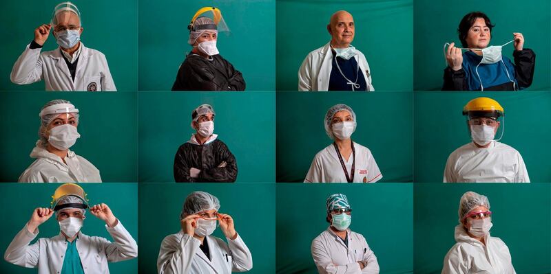 This combination of pictures shows  medical staffers on the frontline treating patients of the Covid-19 pandemic: (top L-R) Sait Gonen,  59, Professor and Dean of the Istanbul University Cerrahpasa medical faculty; Fatma Dinc, 33, a nurse; Professor Yalim Dikmen, 56, a doctor as intensive care specialist; Nurgul Tayran, 47, a registered infection control nurse; (middle L-R) Ozlem Hatip, 40, a nurse; Mehmet Sakirsahsi, 47, a member of cleaning staff; Semra Kacar, 44, a nurse; associate professor Kenan Barut, 42, a doctor at the pediatric clinic; (bottom L-R) Gokberk Guler, 28, a doctor; Nilay Simsek, 43, a chief nurse; Cebrail Karaca, 33, a doctor in the nephrology department; Hatice Degirmenci, 24, a member of cleaning staff, Istanbul University Cerrahpasa medical faculty Hospital.   AFP