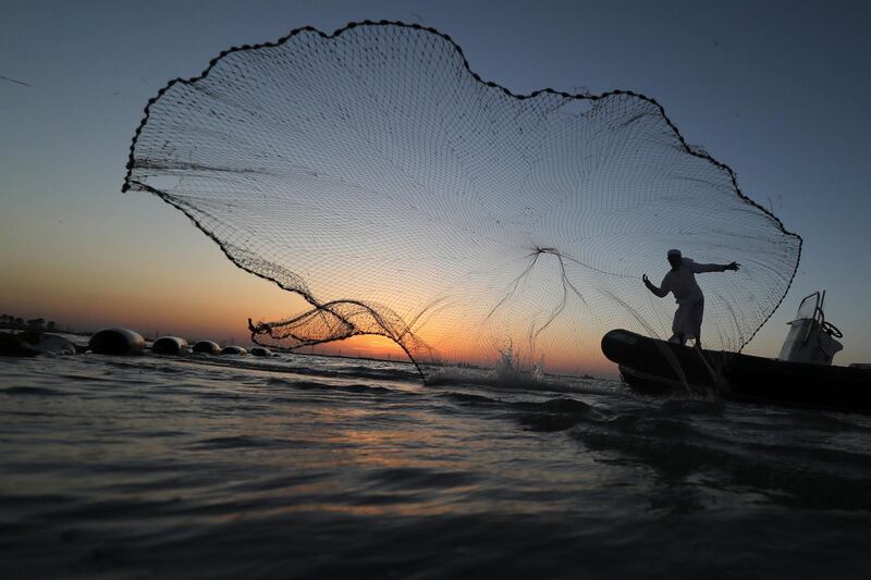 An Emirati fisherman throws his net at Mirfa, near the coast of the capital Abu Dhabi. AFP