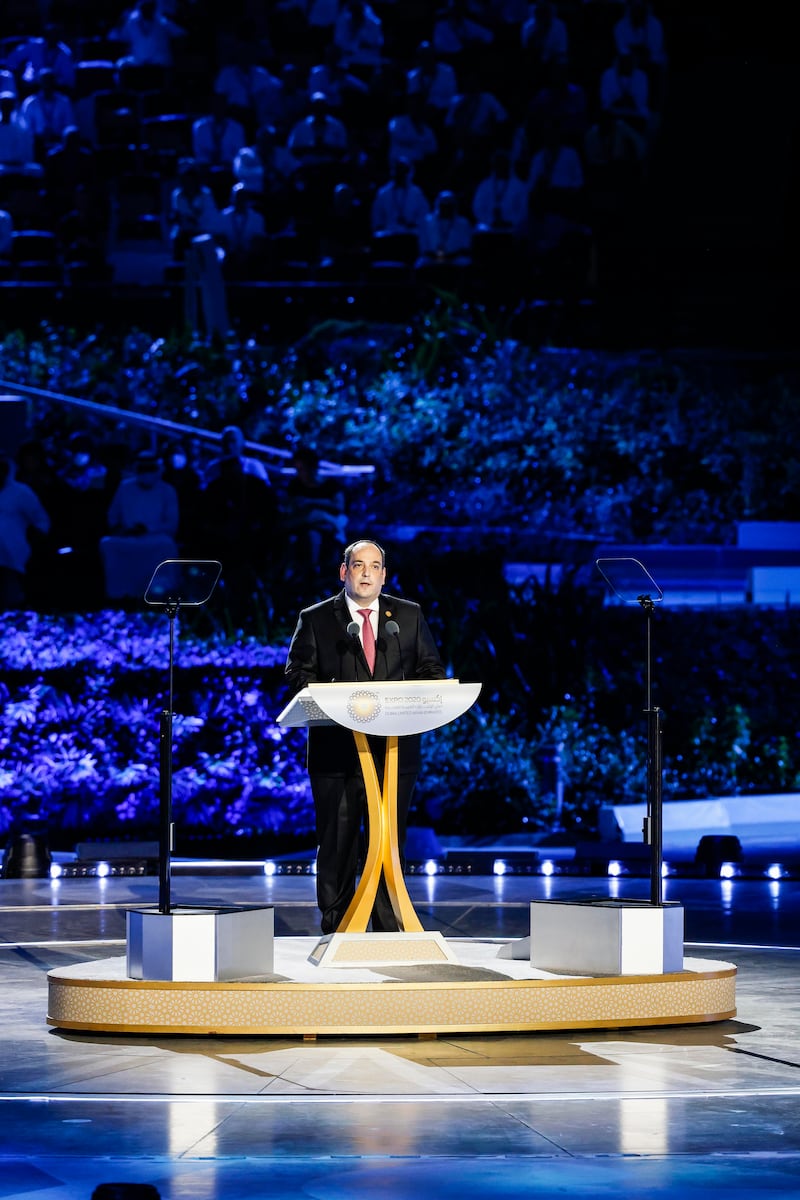 Dimitri Kerkentzes, Secretary General of the Bureau International des Expositions, the governing body of world's fairs, addresses the audience at the opening ceremony. Photo: Expo 2020 Dubai