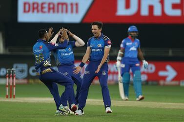 Trent Boult of Mumbai Indians celebrates the wicket of Marcus Stoinis of Delhi Capitals during the final of season 13 of the Dream 11 Indian Premier League (IPL) between the Mumbai Indians and the Delhi Capitals held at the Dubai International Cricket Stadium, Dubai in the United Arab Emirates on the 10th November 2020. Photo by: Ron Gaunt / Sportzpics for BCCI