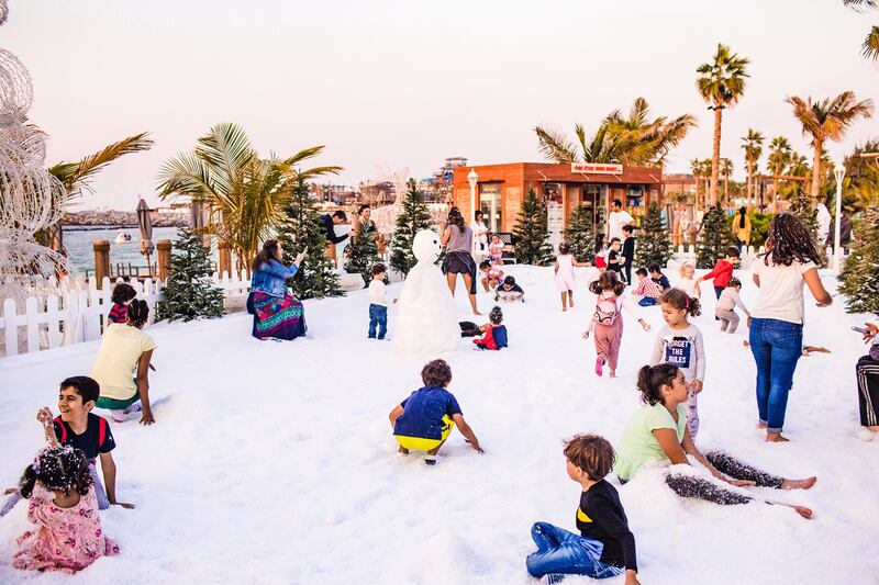 A section at La Mer has been transformed into a snow park for snowball fights and making snow angels. Photo: Meraas