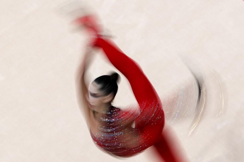 Ukraine's Vlada Nikolchenko competes in the Individual Multiple event of the Rhythmic Gymnastics at the 2019 European Games in Minsk.  AFP
