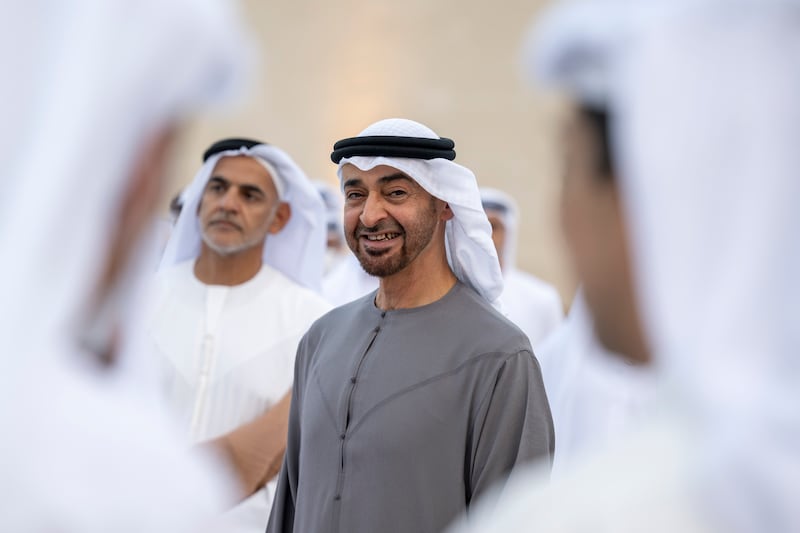 Sheikh Mohamed bin Zayed, Crown Prince of Abu Dhabi and Deputy Supreme Commander of the Armed Forces, attends the wedding reception of Sheikh Zayed bin Mansour bin Zayed and Sheikh Hazza bin Hamdan bin Zayed at Qasr Al Hosn. All photos: Ministry of Presidential Affairs