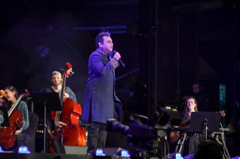 Indian film composer AR Rahman at the debut of the Firdaus Orchestra on the Jubilee Stage at Expo 2020 Dubai with a tribute to space explorers. Khushnum Bhandari/The National