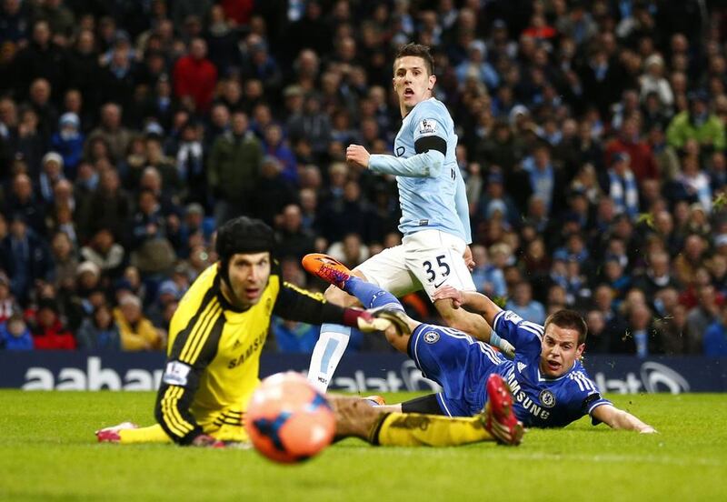 Jovetic scores the first City goal past Cech and Cesar Azpilicueta. Darren Staples / Reuters