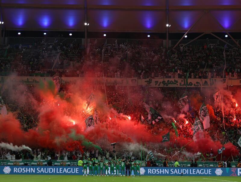Al Ahli players in front of their fans ahead of the Saudi Pro League match against Al Hazem at the Abdullah Al Faisal Stadium, in Jeddah, on August 11, 2023. Getty