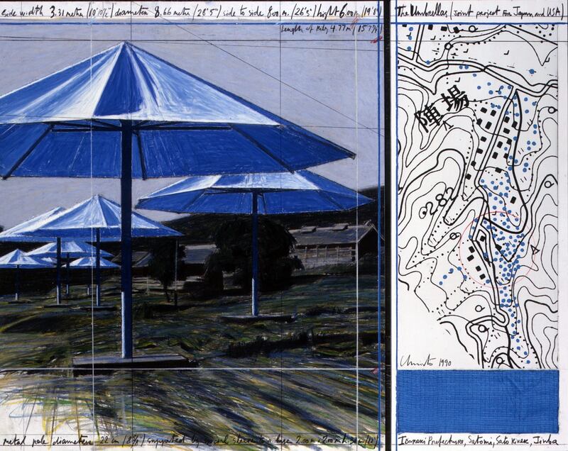 This collage in two parts shows Christo and Jeanne-Claude's 'The Umbrellas, Japan-USA'.
