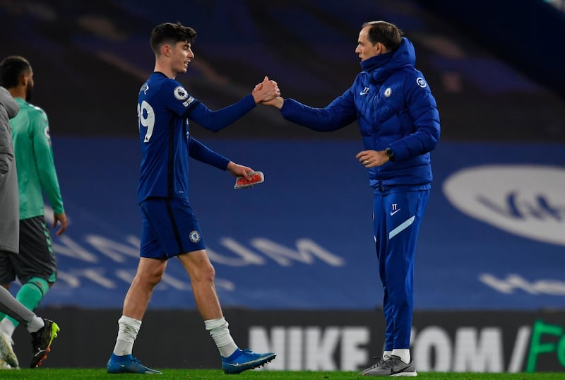 Chelsea manager Thomas Tuchel congratulates Kai Havertz after the win against Everton. EPA