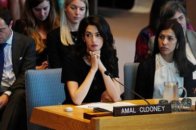 Amal Clooney is pictured at the United Nations Security Council during a meeting about sexual violence in conflict in New York, New York, U.S., April 23, 2019.   REUTERS/Carlo Allegri