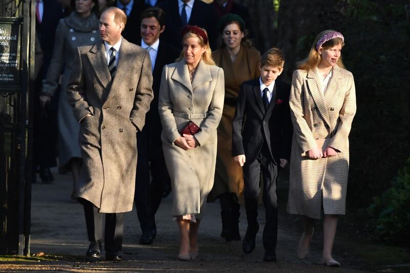 From left: Britain's Prince Edward, Earl of Wessex, Britain's Sophie, Countess of Wessex and their children Viscount Severn and Lady Louise Windsor arrive for the Royal Family's traditional Christmas Day service at St Mary Magdalene Church. EPA
