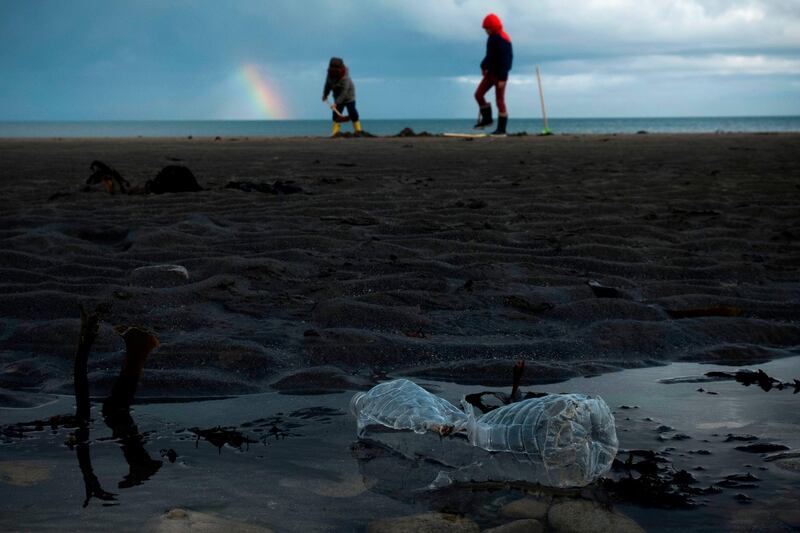 A plastic bottle lies on the beach of Grandcamp-Maisy, in Normandy, France. Joel Saget / AFP