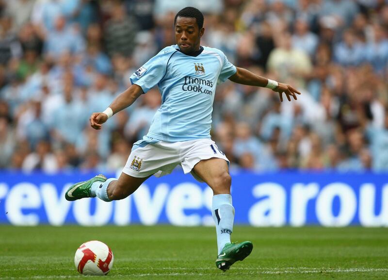 MANCHESTER, UNITED KINGDOM - SEPTEMBER 21:  Robinho of Manchester City scores his team's third goal during the Barclays Premier League match between Manchester City and Portsmouth at The City of Manchester Stadium on September 21, 2008 in Manchester, England.  (Photo by Alex Livesey/Getty Images)