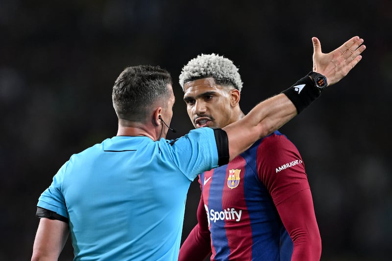 Uruguayan shown straight red card for bringing down Barcola  on edge of box denying Barca attacker goalscoring opportunity. Clumsy, left referee with little option and changed course of game. Getty Images